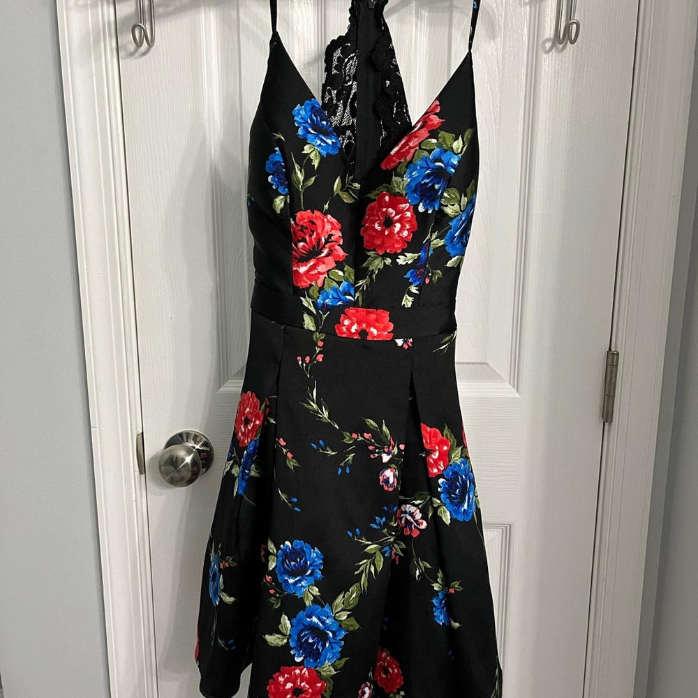 Black Lace Formal Dress with Red and Blue Flowers